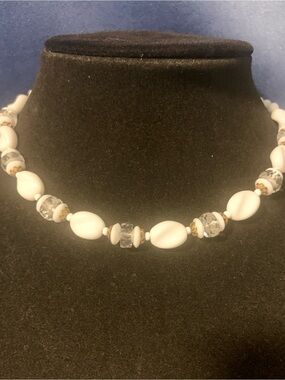 White Milk Glass Beaded Necklace with Clear Accents - Women's Elegant Jewelry